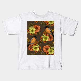 Bullfinch on autumn florals Kids T-Shirt